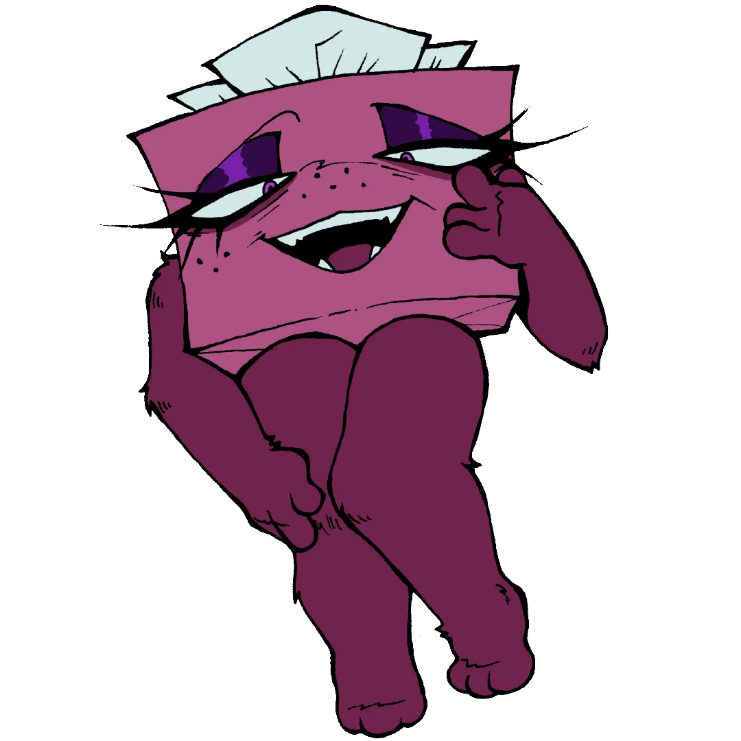 Tissue Box, a hot pink box of tissues, with long eyelashes, heavy makeup, and freckles aross her face. She has dark pink limbs and pink paw pads. She also has purple eyes.